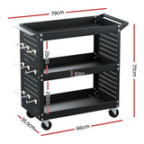 Giantz 3-Tier Tool Cart Storage Trolley Workshop Garage Pegboard Hooks Black - Front View