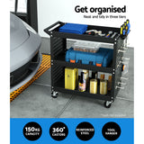 Giantz 3-Tier Tool Cart Storage Trolley Workshop Garage Pegboard Hooks Black - Top-Down View