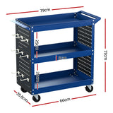 Giantz 3-Tier Tool Cart Storage Trolley Workshop Garage Pegboard Hooks Blue - Front View