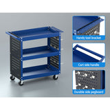 Giantz 3-Tier Tool Cart Storage Trolley Workshop Garage Pegboard Hooks Blue - Rear View