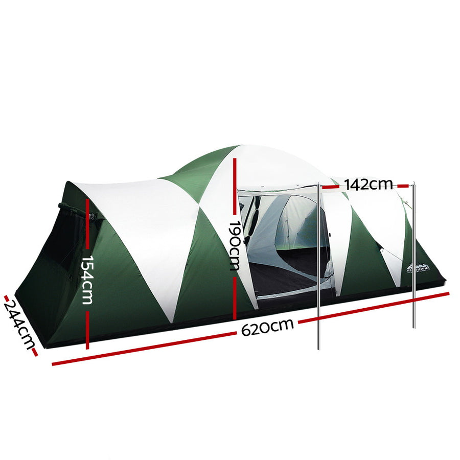 Weisshorn 12 person family camping tent with 3 rooms, green, two private sleeping rooms