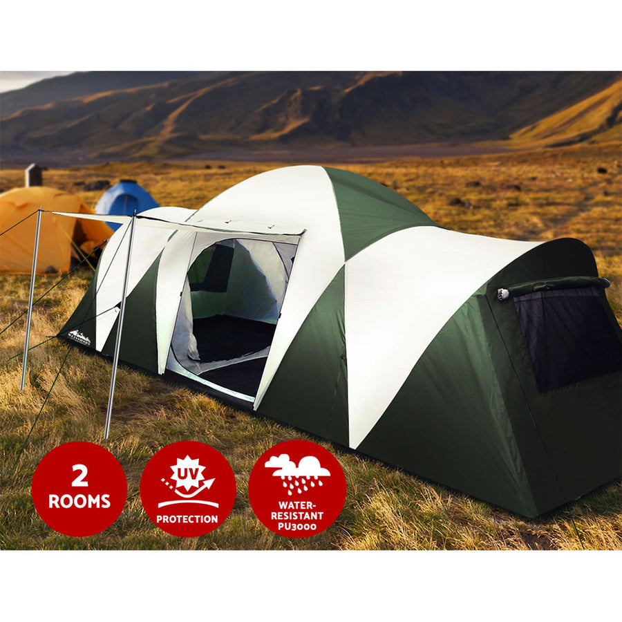 Weisshorn 12 person family camping tent with 3 rooms, green, entrance shade awning