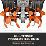 PLANTCRAFT Electric Rotary Hoe Garden Tiller Soil Cultivator, Adjustable Depth, 6 Tines - Close-Up Angle