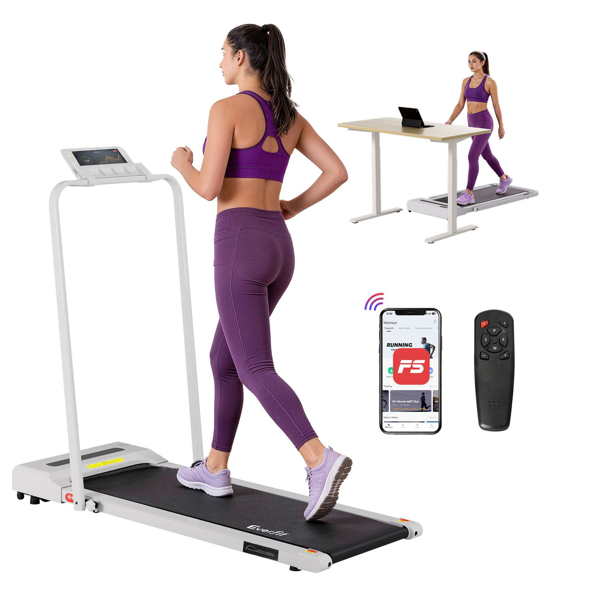 Everfit 2 in 1 Treadmill Electric Walking Pad Under Desk Home Gym Fitness 380mm White