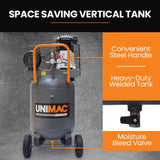Unimac 100L 2.6kW Industrial Air Compressor, 370L/min 116PSI, Brushless Motor, Long Service Life, Certified Vertical Tank, 15A Plug - Low Angle