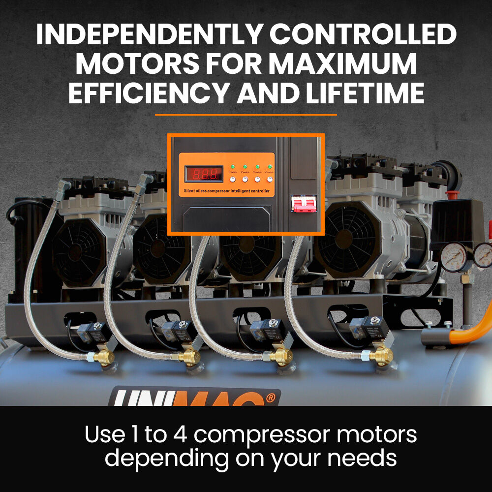 Unimac 150L 4.5HP Ultra-Slient Oil-Free Electric Air Compressor, Long Life Quad Motor, 116PSI Portab