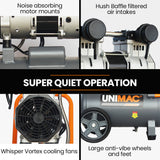 UNIMAC 24L Silent Air Compressor 1.5HP, Oil-Free Electric, Portable, for Airtools, Airbrush, Tyre Inflation - Side View