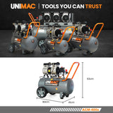 UNIMAC 40L 2.0HP Silent Oil-Free Electric Air Compressor, Portable, Twin Nitto Outlets - 45-Degree Angle
