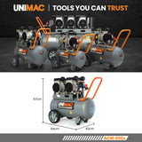 UNIMAC 50L 3.0HP Silent Oil-Free Electric Air Compressor, Portable, Twin Nitto Outlets - Rear View