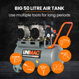 UNIMAC 50L 3.0HP Silent Oil-Free Electric Air Compressor, Portable, Twin Nitto Outlets - Close-Up Angle