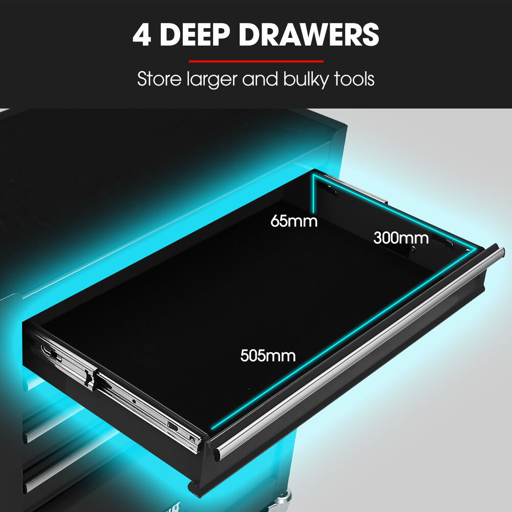 Bullet Pro 4 Drawer Tool Box Cabinet Trolley Storage, with 1-Door Toolbox Garage Organiser Set, Black