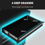 Bullet Pro 4 Drawer Tool Box Cabinet Trolley Storage, with 1-Door Toolbox Garage Organiser Set, Black - 45-Degree Angle