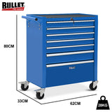 BULLET Pro 7 Drawer Tool Box Cabinet Trolley Storage, Toolbox Garage Organiser Set, Blue - Rear View