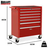 BULLET Pro 7 Drawer Tool Box Cabinet Trolley Storage, Toolbox Garage Organiser Set, Red - Rear View
