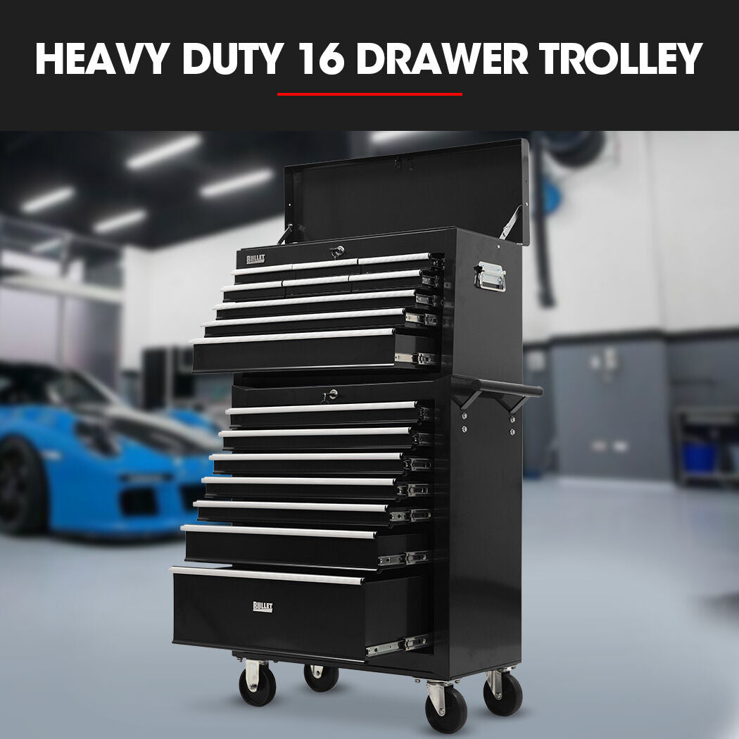 BULLET Pro 16 Drawer Tool Box Cabinet Chest Storage, Toolbox Garage Organiser Set, Black