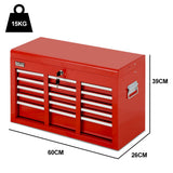 BULLET Pro 9 Drawer Tool Box Chest, Organiser Mechanic Garage Storage Toolbox Set - Red - Rear View