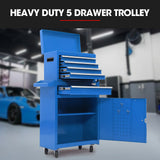 Bullet Pro 5 Drawer Tool Box Cabinet Chest Storage, with 1-Door Toolbox Garage Organiser Set, Blue - Side View