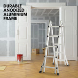 Bullet 5.1m Folding Aluminium Multipurpose Ladder, w/ Workshelf Platform, Spring Assisted Rapid Safety Lock Adjusters - Front View
