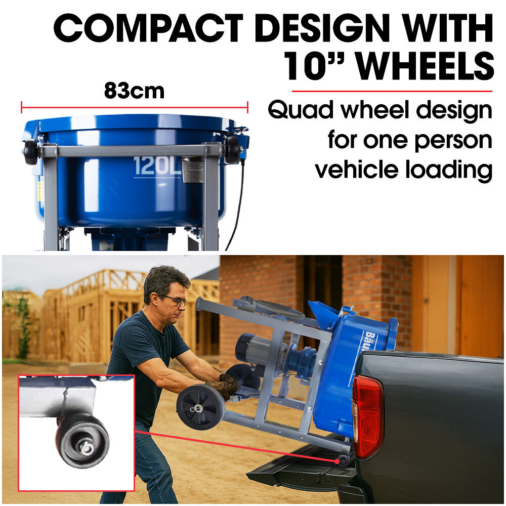 BAUMR-AG 120L Forced Action Pan Mixer, 1500W Electric, Heavy-Duty Frame, for Mortar Screed Resin Cement, 10 Inch Solid Rubber Wheels