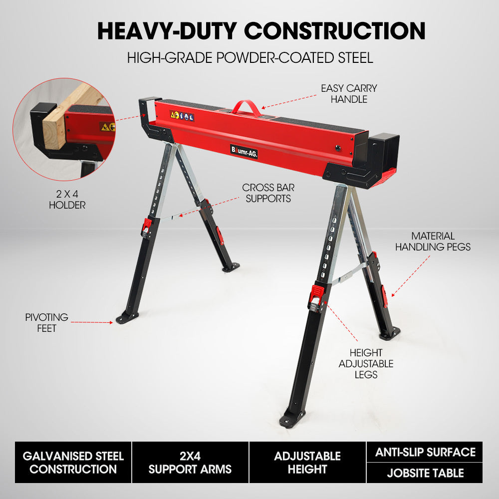 Baumr-AG 2 x Steel Sawhorses, Height Adjustable, 1180kg Capacity, 2x4 Support Arms