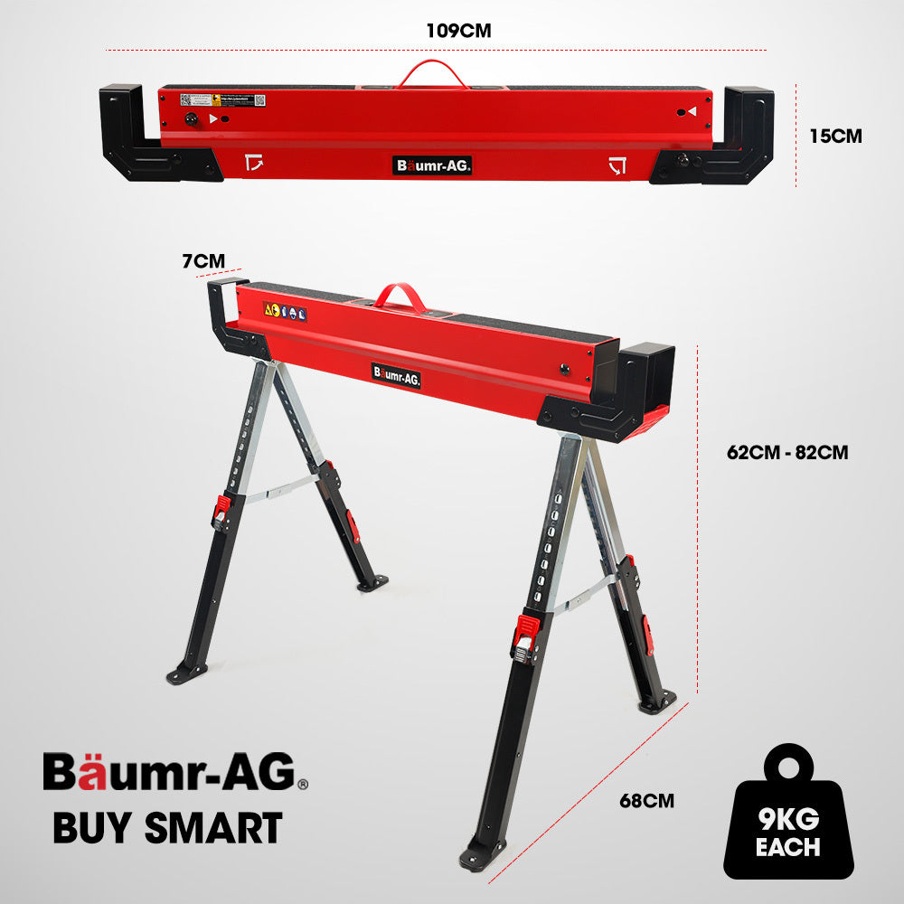 Baumr-AG 2 x Steel Sawhorses, Height Adjustable, 1180kg Capacity, 2x4 Support Arms
