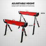 Baumr-AG 2 x Steel Sawhorses, Height Adjustable, 1180kg Capacity, 2x4 Support Arms - Close-Up Angle