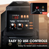 ROSSI 160 Amp AC DC TIG MMA ARC Stick Inverter Welder, Ideal for Aluminium and Copper Welding, 15A Plug - Close-Up Angle