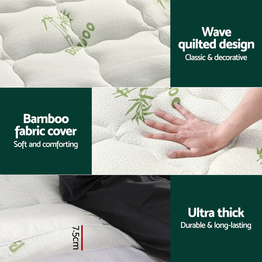 Giselle Bedding Pillowtop Mattress Topper 7.5cm Thick Bamboo Pad for Back Pain Relief Washable Skin-friendly Bed Protector with 45cm Deep Pocket Queen