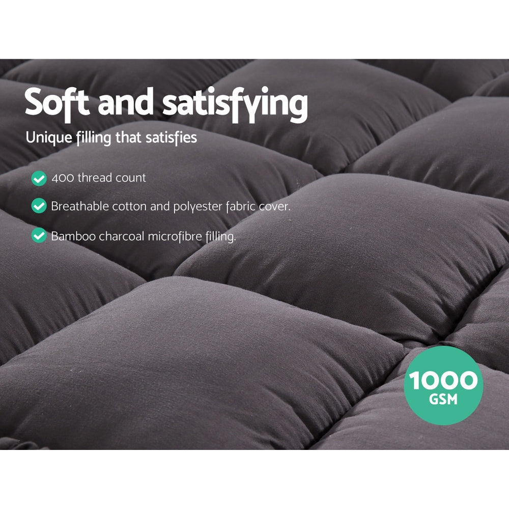 Giselle Bedding Bamboo Charcoal Filling Pillowtop Topper 1000GSM 5cm Thick Pillowtop Pad for Back Pain Relief Washable with 45cm Deep Pocket King