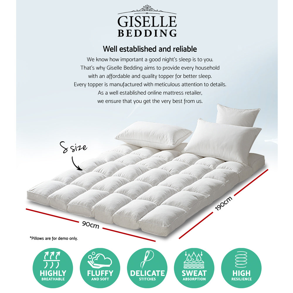 Giselle Bedding Pillowtop Mattress Topper 5cm Thick Pad for Back Pain Relief Washable Underlay Protector 1000GSM Microfibre Filling 45cm Deep Pocket Single