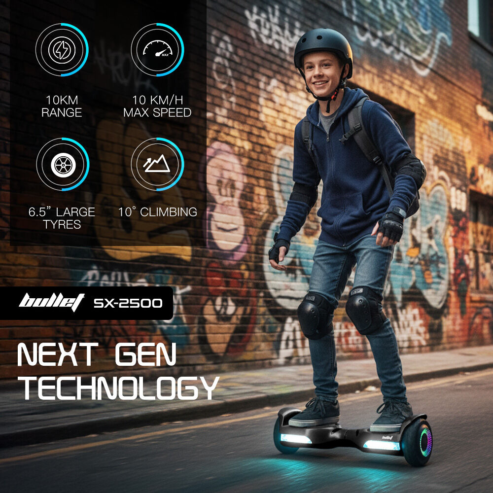 BULLET SX-2500 Hoverboard Scooter, 500W Brushless, UL Certified, AU Compliant, 6.5-inch Off-Road Style Tyres, Superior Self Balancing System, LED