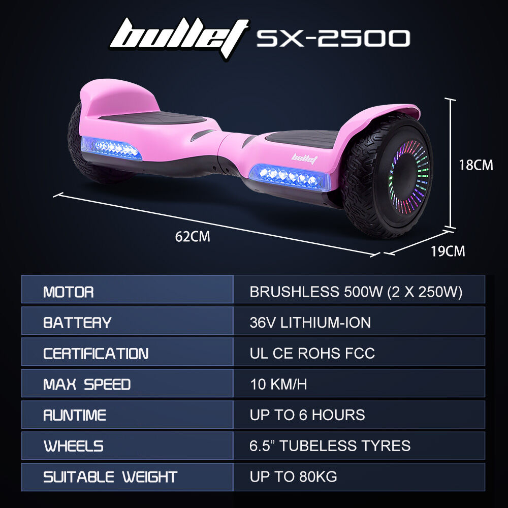 BULLET SX-2500 Hoverboard Scooter, 500W Brushless, UL Certified, AU Compliant, 6.5-inch Off-Road Style Tyres, Superior Self Balancing System, LED Lights, Pink