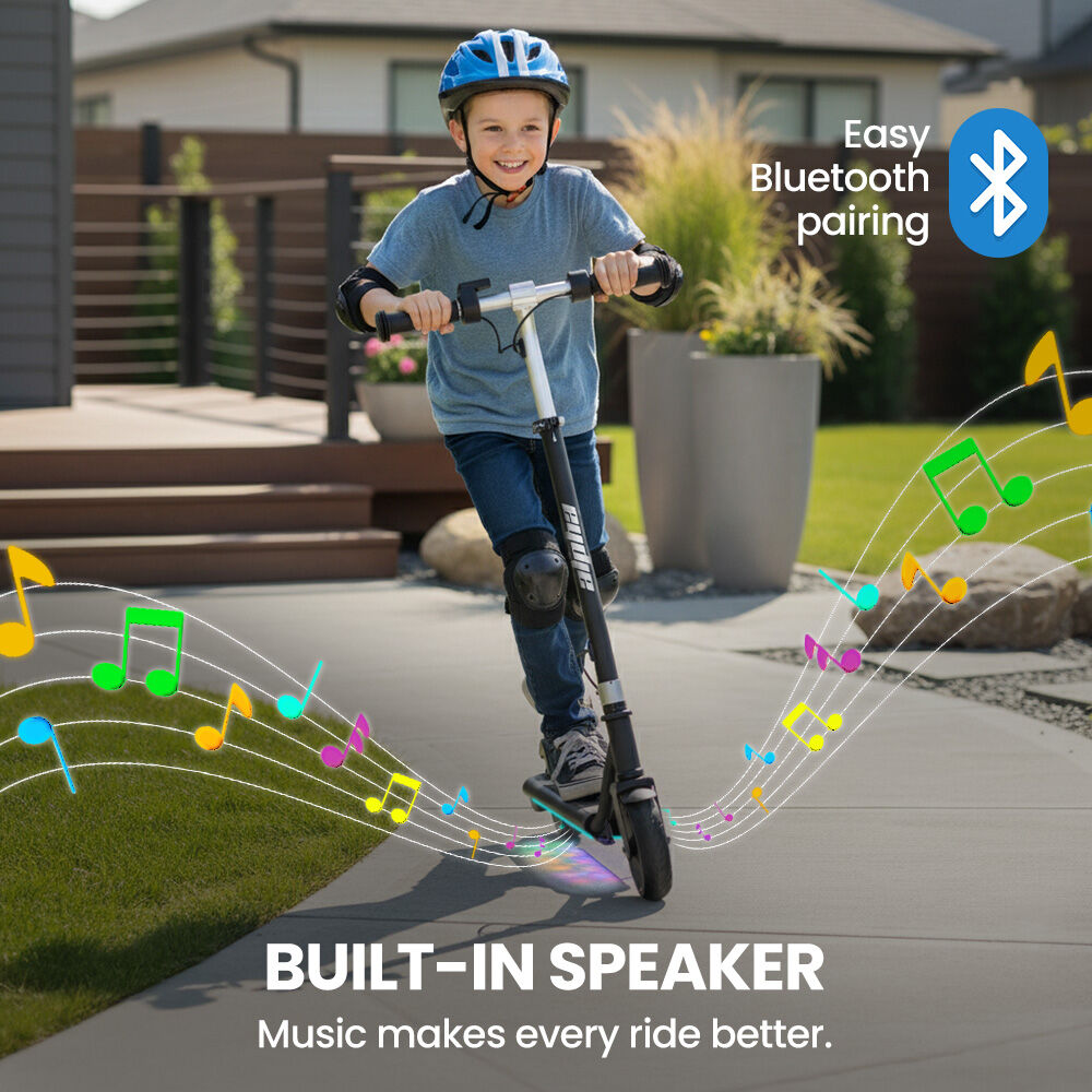 ALPHA Edge Electric Scooter Kids/Teens, 16km/h Max, Adjustable Height, UL Certified, AU Compliant, Dual Brakes, Bluetooth Music, LED, Black