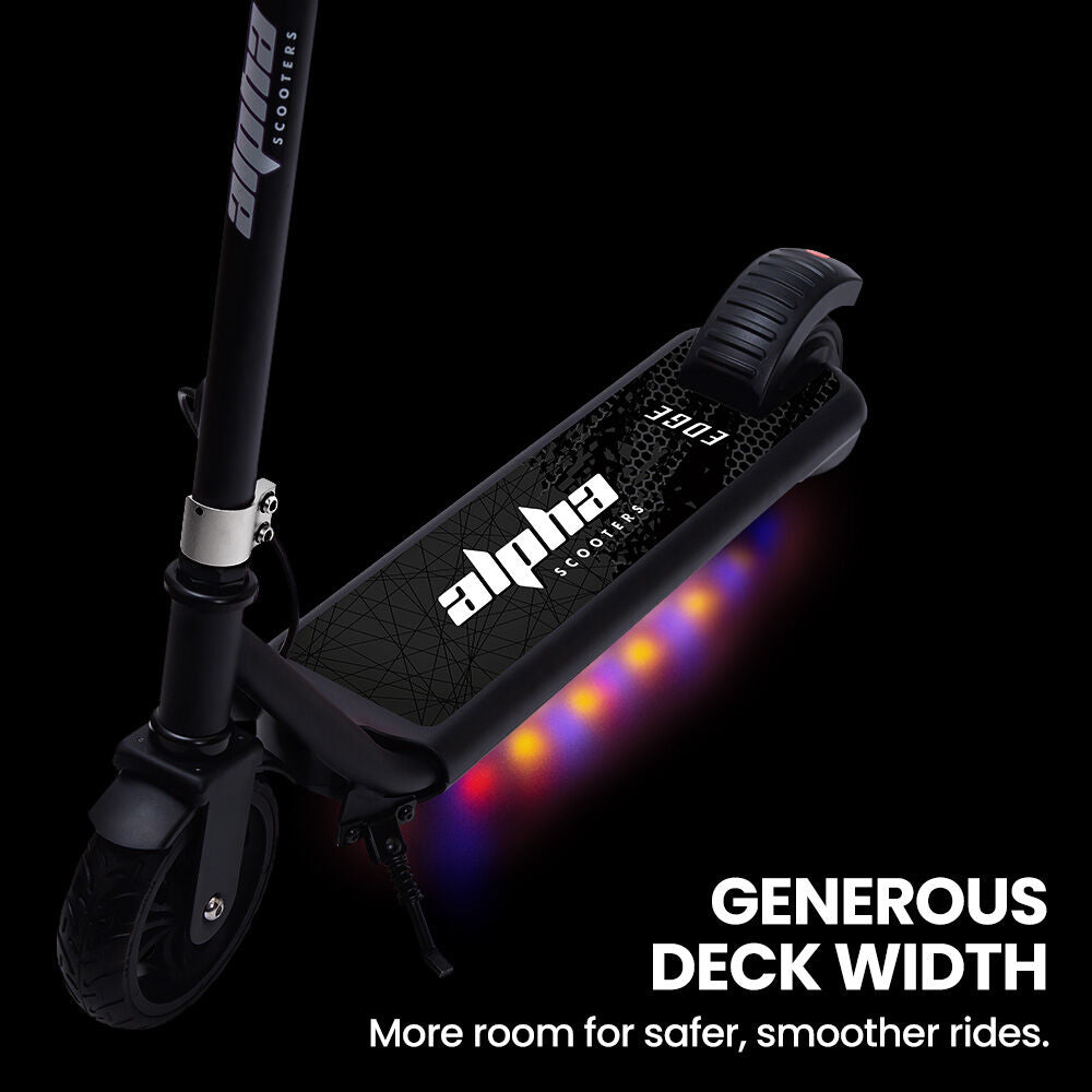 ALPHA Edge Electric Scooter Kids/Teens, 16km/h Max, Adjustable Height, UL Certified, AU Compliant, Dual Brakes, Bluetooth Music, LED, Black