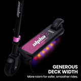 ALPHA Edge Electric Scooter Kids/Teens, 16km/h Max, Adjustable Height, UL Certified, AU Compliant, Dual Brakes, Bluetooth Music, LED, Pink - Close-Up Angle