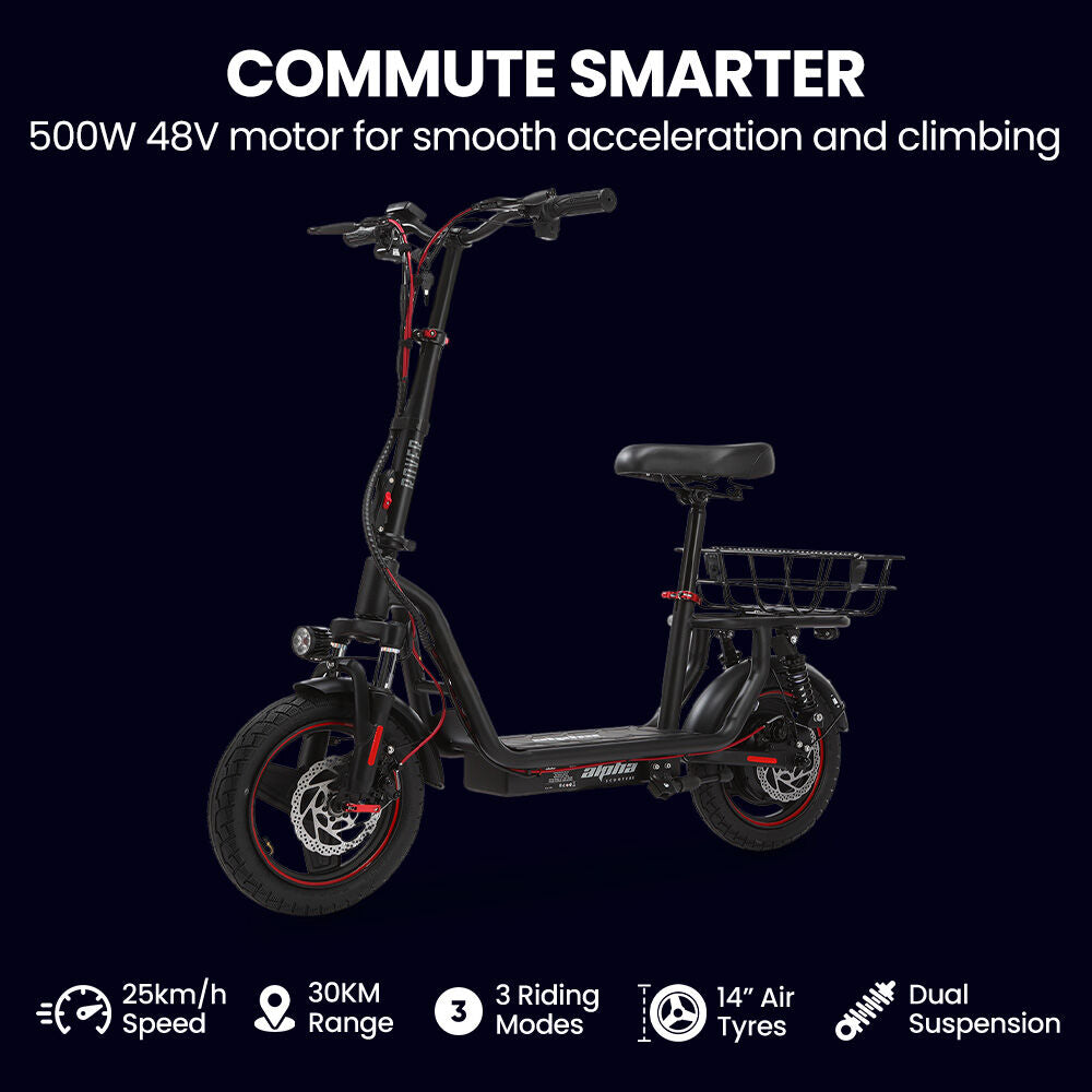 ALPHA Rover Electric Scooter with Seat, 500W 48V 25km/h 30km Range, 14-inch Tyres, Motorised Commute