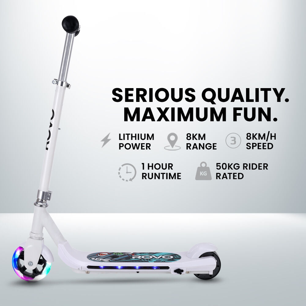 ROVO KIDS WhizKid Electric Scooter, Ages 5-11, Adjustable Height, AU Compliant, Lithium Battery, Brushless Motor, White