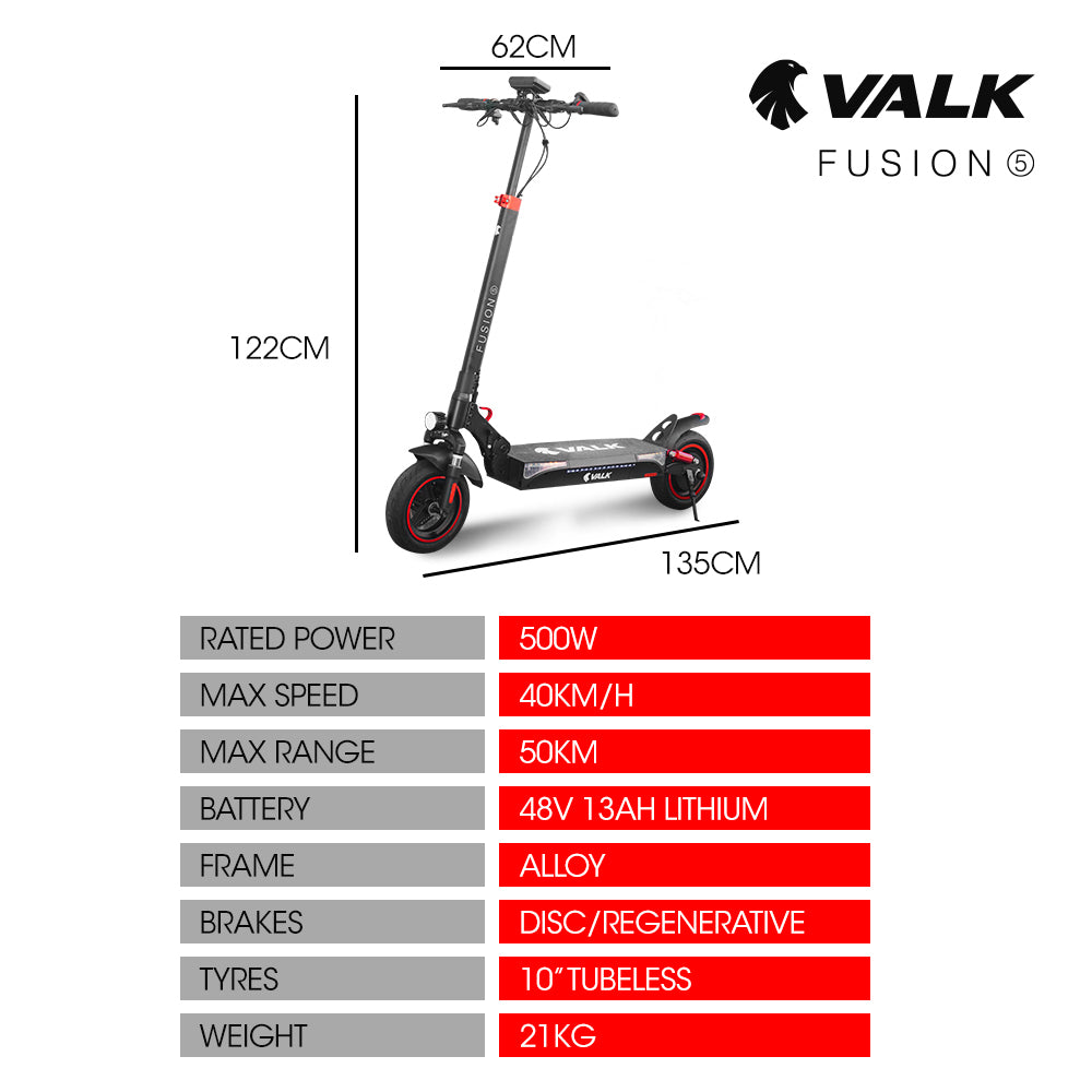 VALK Fusion 5 Electric Scooter, 500W, AU Compliant, 48V 13Ah Lithium, 50km Range, 40km/h, Quad Shocks, 10 inch Tyres