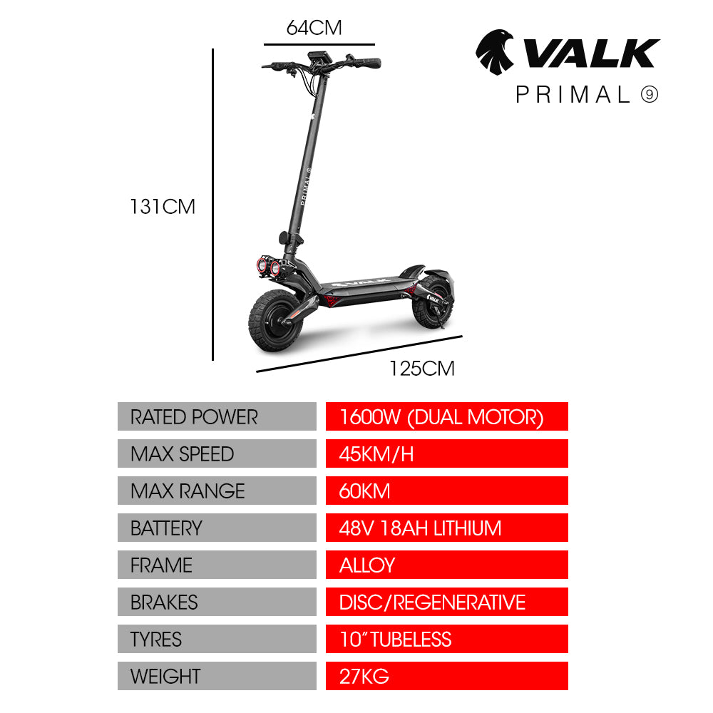 VALK Primal 9 Dual Motor Electric Scooter, 1600W, AU Compliant, for Extreme Hill Climbing, Black