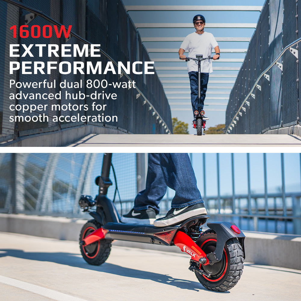 VALK Primal 9 Dual Motor Electric Scooter, 1600W, AU Compliant, for Extreme Hill Climbing, Black/Red