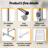 Devanti 10-Bar Freestanding Heated Towel Rail 3-5 Mins Fast Heating Electric Towel Warmer for Bathroom Winter Drying Stainless Steel Plug In 100W - Close-Up Angle