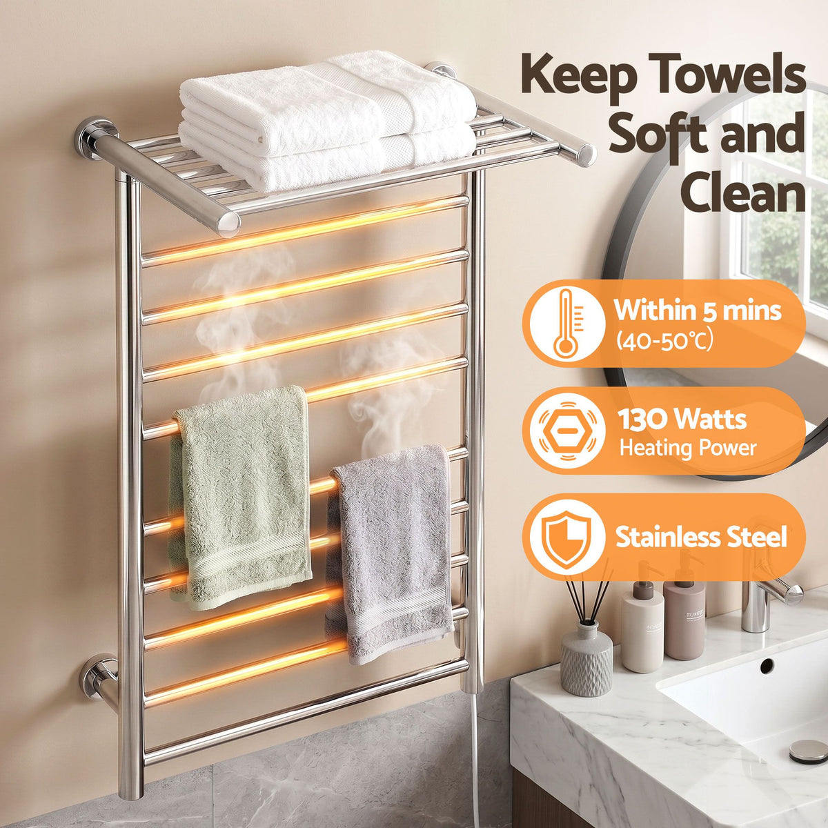 Devanti Electric Heated Towel Rail Rack 14 Bars Wall Mounted Clothes Dry Warmer