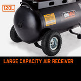 UNIMAC 115PSI 120L 8HP Industrial Petrol Powered Air Compressor - 45-Degree Angle