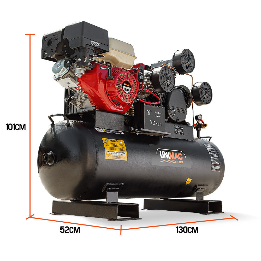 UNIMAC 115PSI 150L 18HP Industrial Petrol Powered Air Compressor with Electric Key Start
