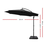 Instahut 3m Umbrella w/Base Outdoor Cantilever Beach Garden Patio Parasol Black - Front View