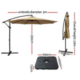 Instahut 3m Umbrella w/Base Outdoor Cantilever Beach Garden Patio Parasol Beige - Side View