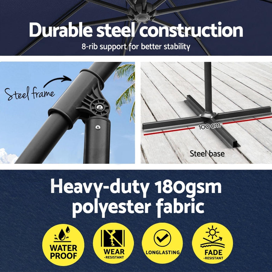 Instahut navy 3m cantilever outdoor umbrella with water-fillable base, side post steel frame