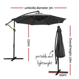 Instahut Outdoor Umbrella 3M Cantilever Beach LED Garden Shade Patio Charcoal - Front View
