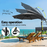 Instahut Outdoor Umbrella 3M Cantilever Beach LED Garden Shade Patio Charcoal - 45-Degree Angle