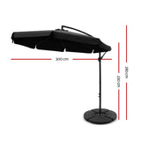 Instahut 3m Outdoor Umbrella w/Base Cantilever Garden Patio Beach Black - Front View